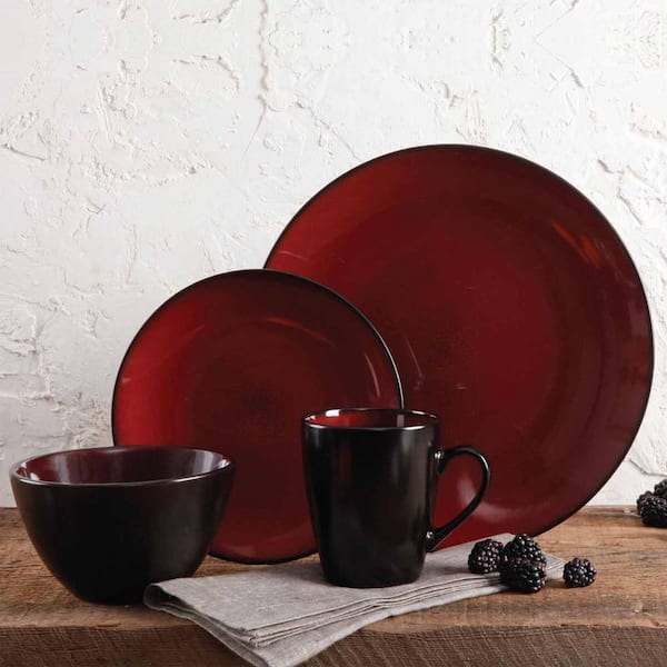 Black Dinnerware Set For 4 Modern Stoneware Dishes Plates Bowls Red 12  Piece New