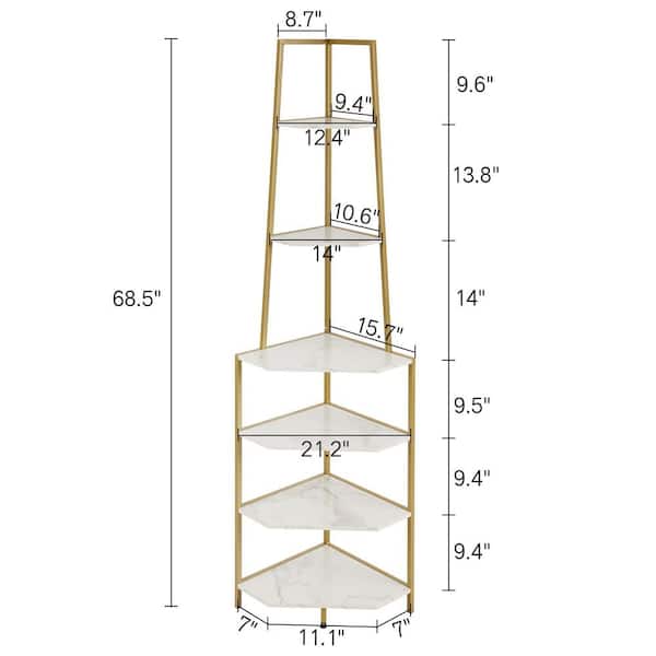 69" 6-Tier Industrial Corner Shelf, Rustic Gold Corner Bookshelf and Accent Storage for Living Room, Bedroom Home Office