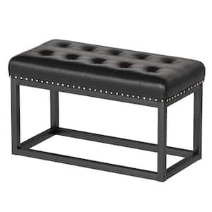 Grondin Mid-Century Modern Black Faux Leather Entryway Bench with Button Tufted and Nailhead Trim (21.6 x 36.2 x 18.1)