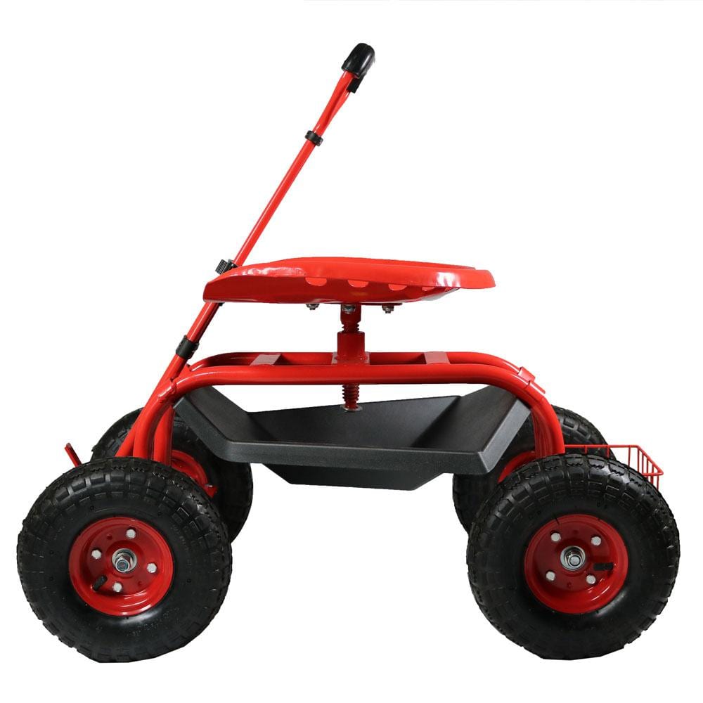 Sunnydaze Red Steel Rolling Garden Cart with Extendable Steering Handle, Swivel Seat and Basket