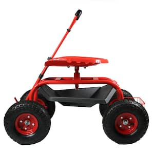 Red Steel Rolling Garden Cart with Extendable Steering Handle, Swivel Seat and Basket