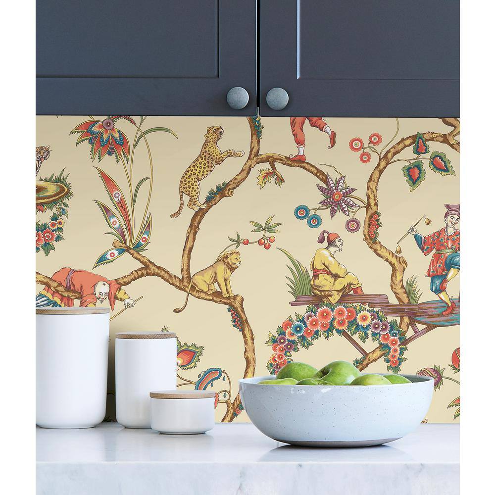 Ecru Chinoiserie Exotic Multicolor Vinyl Peel & Stick Wallpaper