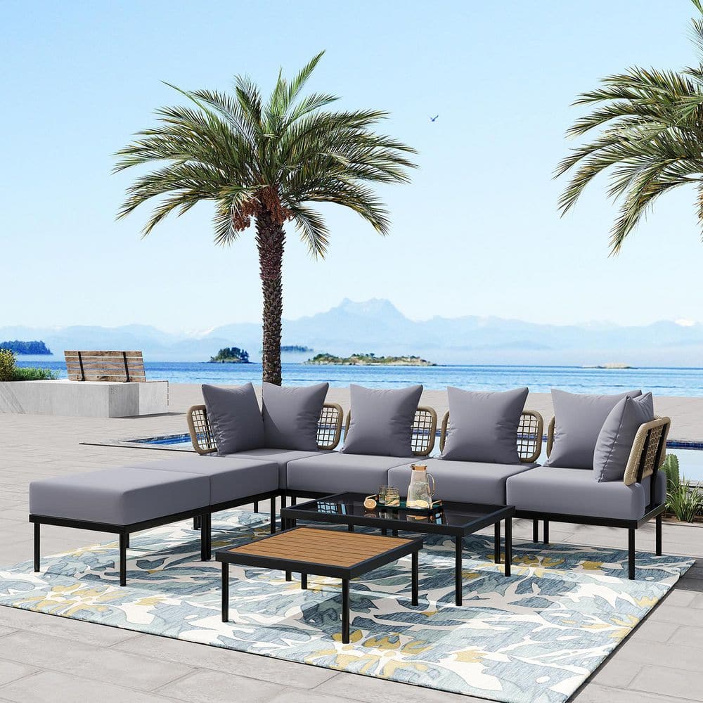 Trexm 8-Piece Metal Outdoor Patio Sectional Sofa Set with Light Gray Cushio