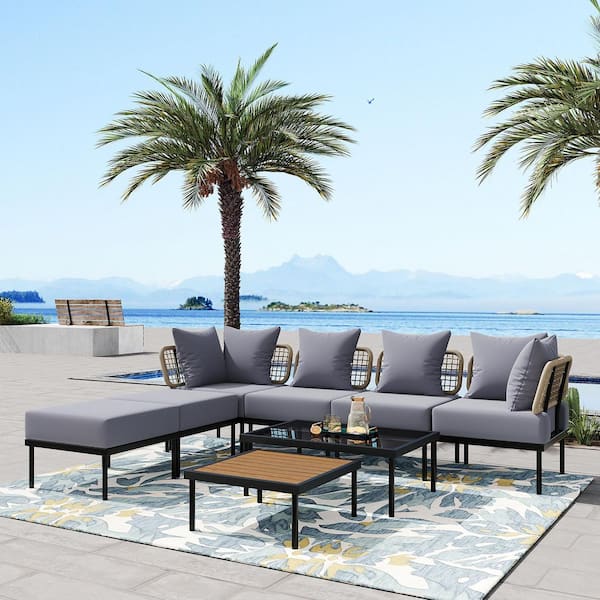 Unbranded Trexm 8-Piece Metal Outdoor Patio Sectional Sofa Set with Light Gray Cushion