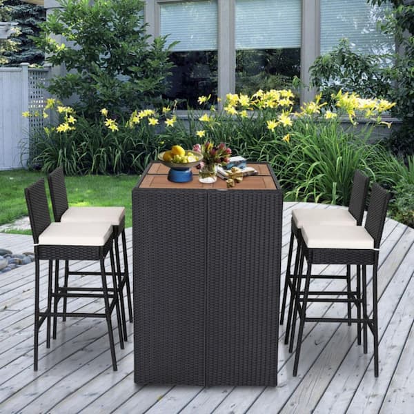 5-Piece Wicker Patio Outdoor Dining Set with Off White Cushioned Bar Stools and Acacia Wood Tabletop