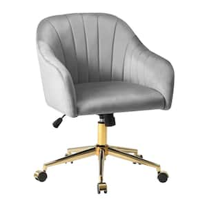 Farrah Velvet Upholstered Adjustable Height 360° Swivel Office Task Chair with Metallic Gold Base in Gray