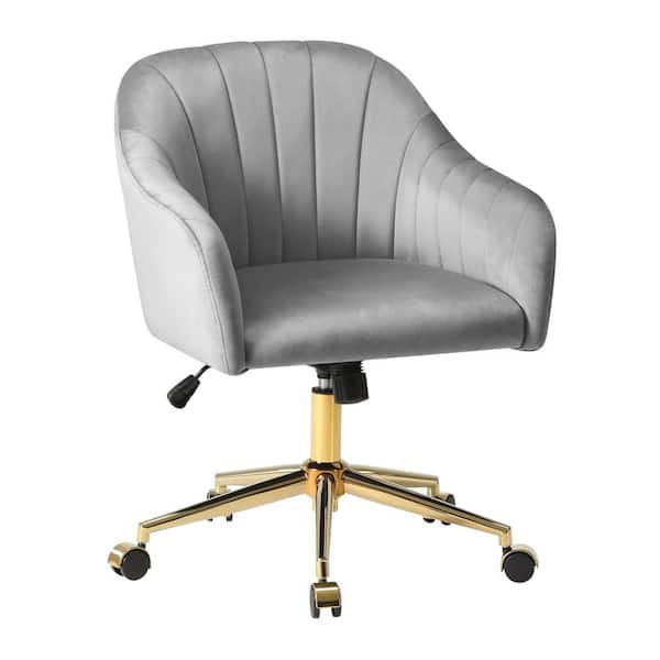 WESTINFURNITURE Farrah Velvet Upholstered Adjustable Height 360° Swivel Office Task Chair with Metallic Gold Base in Gray