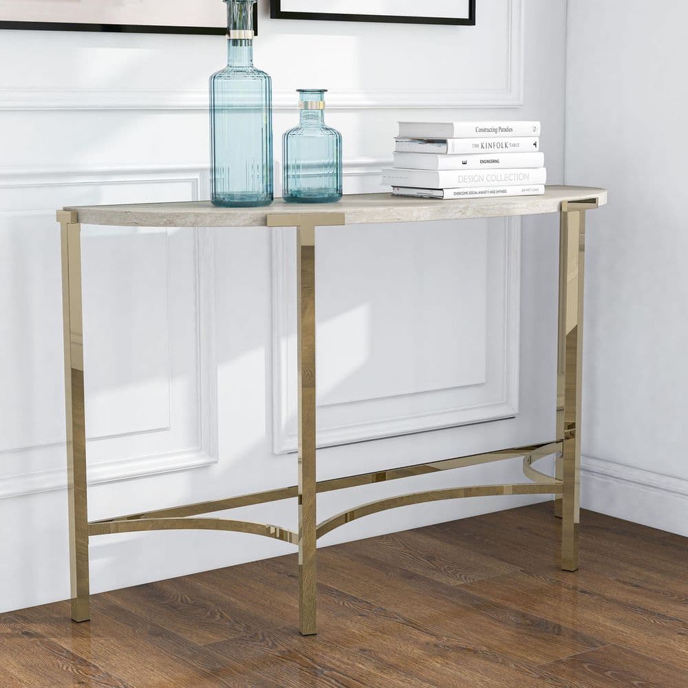 Champagne Gold Metal Half-Circle Console Table with Faux Marble Top