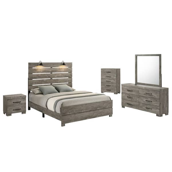 Best Quality Furniture Nico 5-Piece Antique Grey Color Wood Frame Queen Panel Bedroom Set With Chest