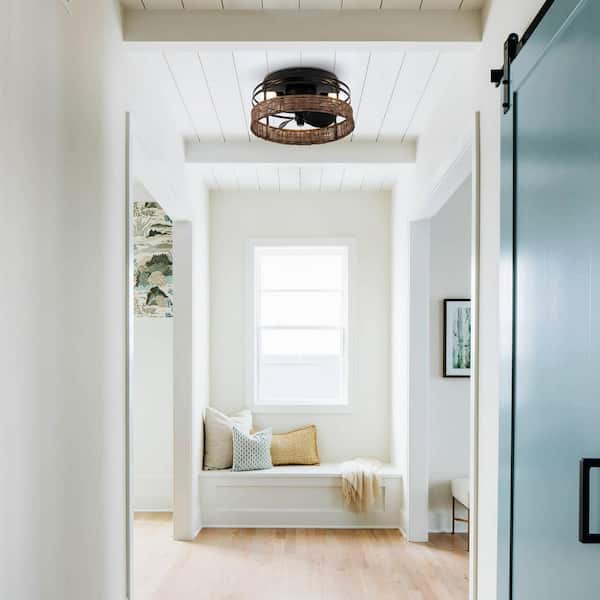 12.5 in. Indoor Brown Drum Flush Mount Ceiling Fan with Light Kit and Remote Control