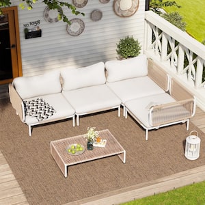 4-Piece Drawcord Metal Outdoor Sectional Set with Beige Cushions