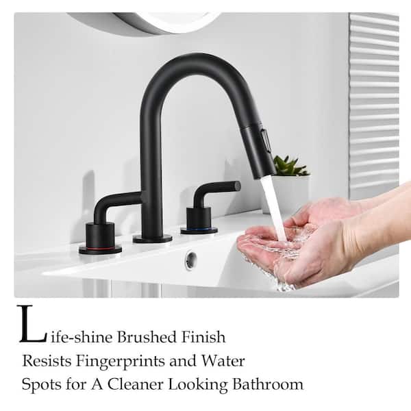 8 in. Widespread Bathroom Faucet 3 Hole with Pull Out Sprayer, Bathroom Sink Faucet with Pop-Up Drain in Matte Black