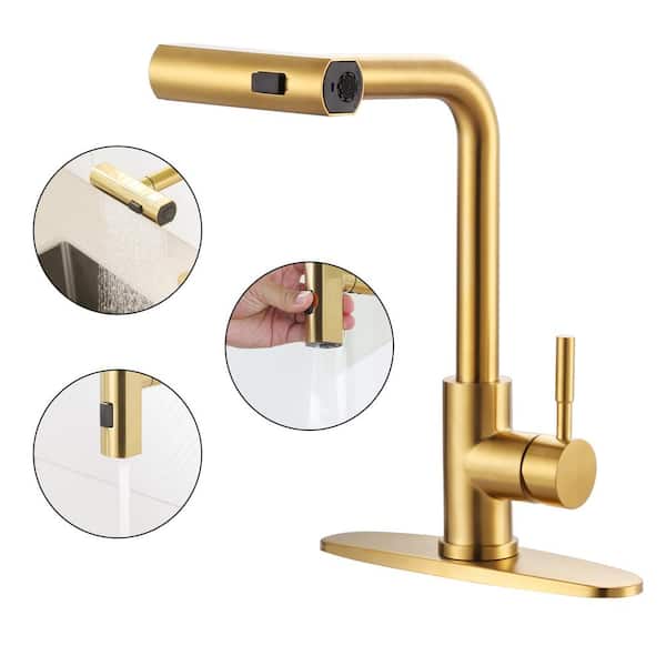 Unbranded 3-Mode Single Handle Waterfall Pull Down Sprayer Kitchen Faucet with 360° Rotation in Stainless Steel Brushed Gold