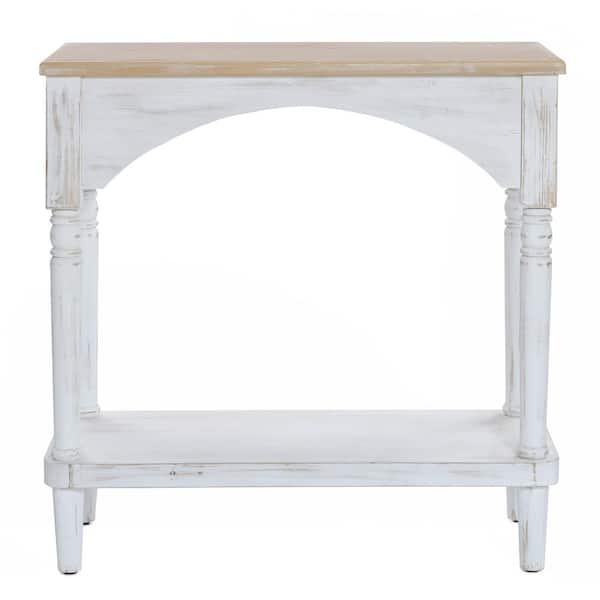LuxenHome 32.25 in. H x 31.5 in. W x 15 in. D Distressed White Rectangle Wood Shelf Console Table with Shelf