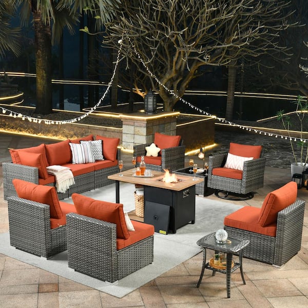 Toject Sanibel Gray 11-Piece Wicker Outdoor Patio Conversation Sofa Set with a Storage Fire Pit and Orange Red Cushions