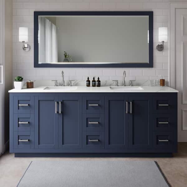 Wyndham Collection Miranda 84 in. W x 22 in. D x 33.75 in. H Double Bath Vanity in Dark Blue with Giotto Quartz Top and 70 in. Mirror