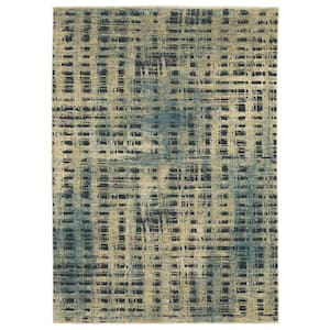 Ross Beige/Blue 3 ft. x 5 ft. Doormat Distressed Abstract Etchings Polypropylene/Polyester Fringed Indoor Area Rug