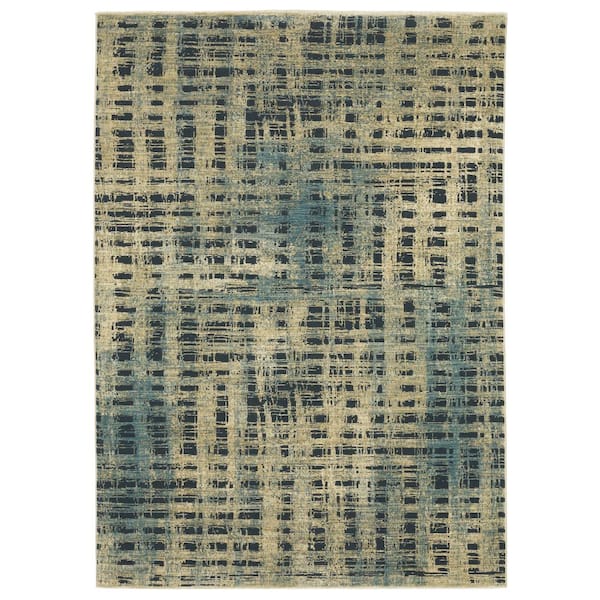Ross Beige/Blue 8 ft. x 11 ft. Distressed Abstract Etchings Polypropylene/Polyester Fringed Indoor Area Rug