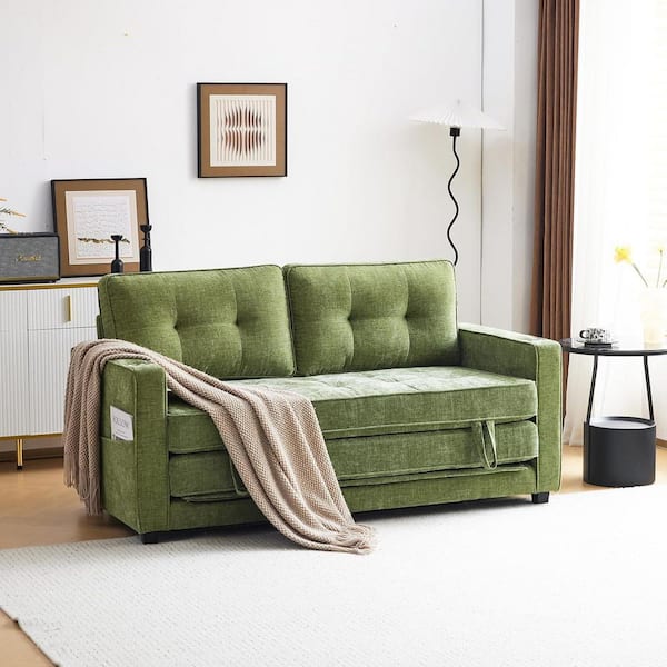 63.78 in. Olive-Green Chenille Twin Size Sofa Bed