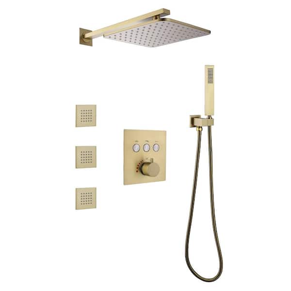 AIMADI Single Handle 1-Spray Wall Mount Shower Faucet 1.8 GPM with Body Spray Thermostatic Shower Faucet Set in. Brushed Gold