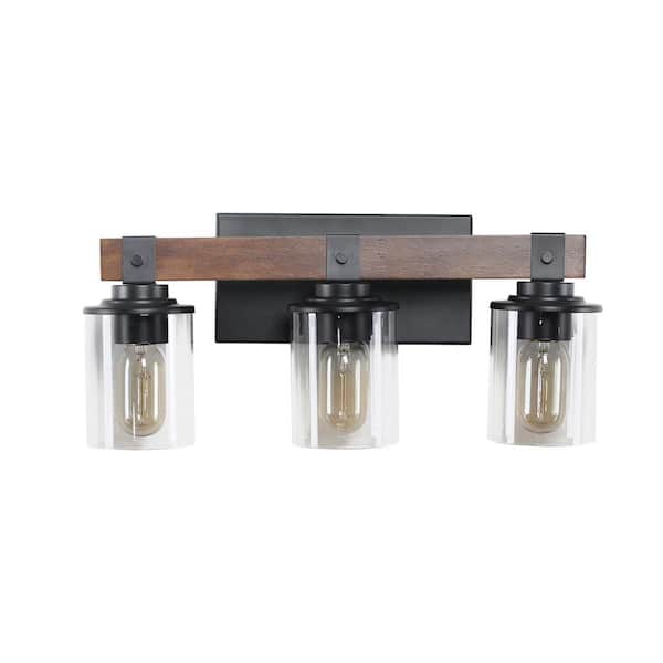 18.5 in. 3-Light Rustic Walnut Bronze Bathroom Vanity Light with Clear Glass Shades Mirror, Vanity (Bulb Not Included)