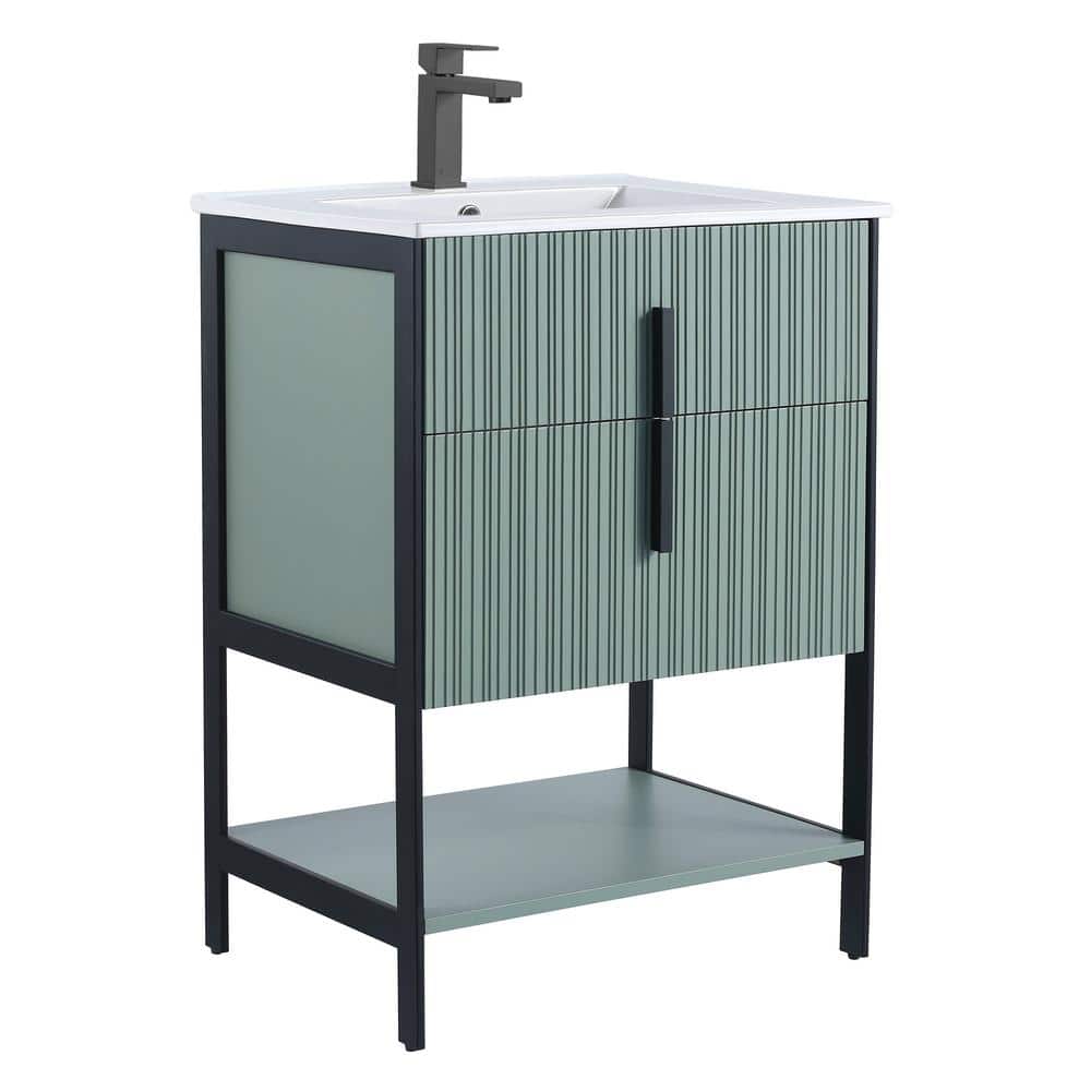 24 in. W x 18 in. D x 33.5 in. H Bath Vanity in Mint Green with White Ceramic Sink Top with Black Hardware price history on PriceWatchPro