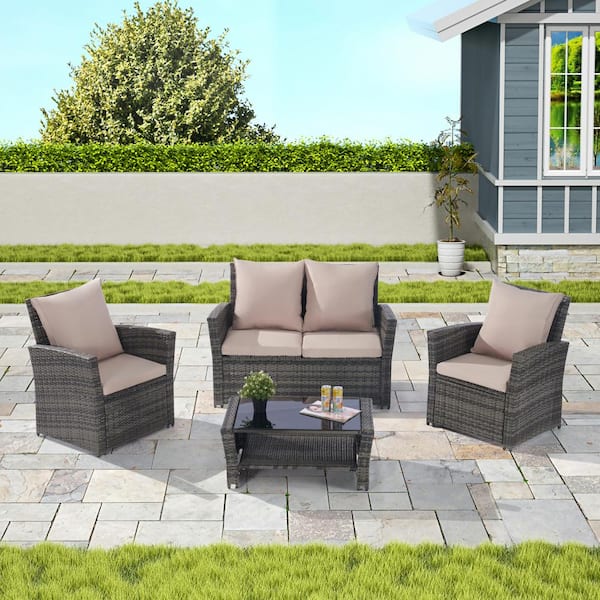 Unbranded 4-Piece Wicker Outdoor Patio Sectional Set Poolside Lawn Chairs with Tempered Glass Coffee Table and Beige Cushions