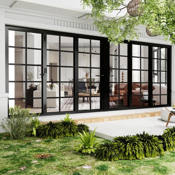 192 in. x 96 in. Bi-Parting Double Tempered Glass Black Aluminum Folding Patio Door