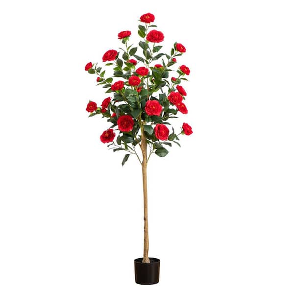 Nearly Natural 5 ft. Artificial Red Camellia Rose Tree