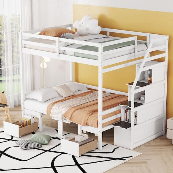 White Full over Full Bunk Bed with 2 Drawers and Storage Staircase Converts to Seats and Table Set