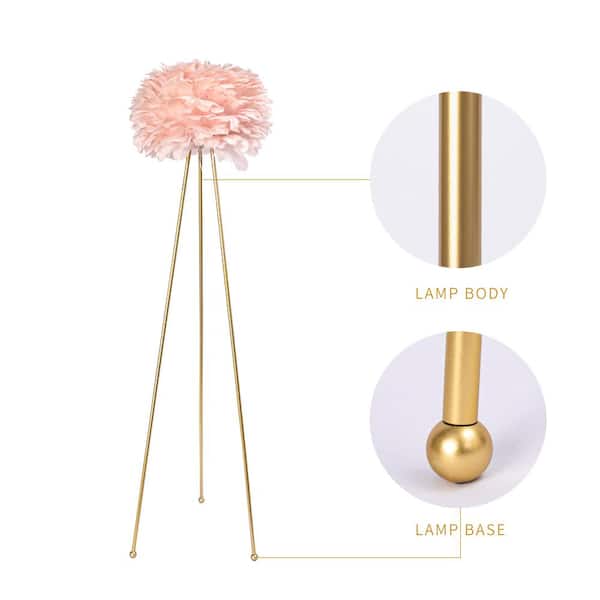 Columbus 60 in. Pink/Gold Tripod Floor Lamp with Feather