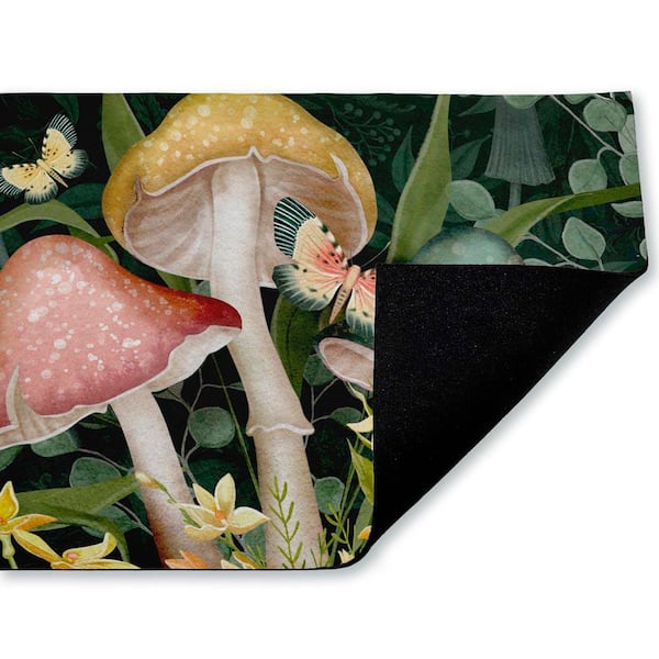 Midnight Garden Mushrooms Green 18 in. x 30 in. Polyester Non-Slip Outdoor Door Mat
