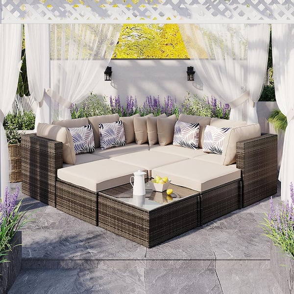 Unbranded 8-Piece Brown Wicker Outdoor Sectional Set with Beige Cushions and Coffee Table