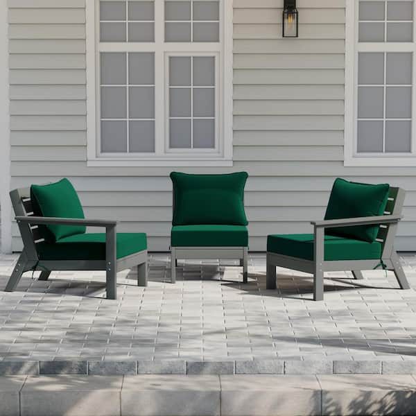 Birchwood Gray Arrangeable 3-Piece HDPE Deep Seating Outdoor Patio Conversation Sofa Arm Chair Set w/ Green Cushions