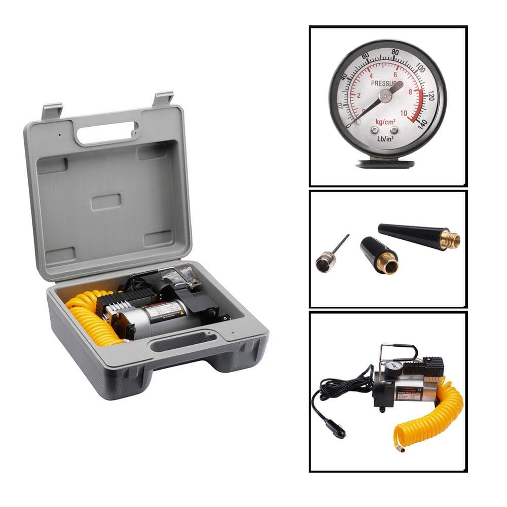Heavy-Duty 12V Electric Air Pump with Gauge and Yellow Hose