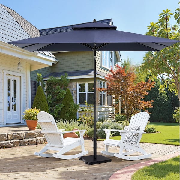 9 ft patio umbrella with base Outsunny Garden Umbrella: 9ft, Blue Stripe Tilt Crank and Ruffled Design for Deck and Pool Shade Rectangular patio umbrella measures 15 long and 9 wide 9ft Patio Umbrella with Base
