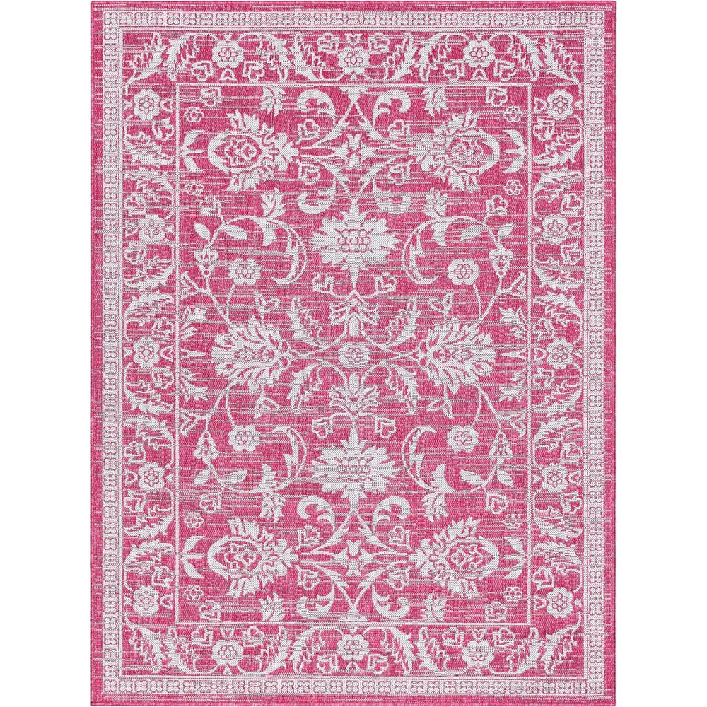 Fuchsia and White Synthetic 5' x 7' Reversible Area Rug