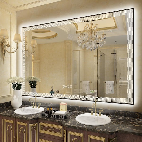 Apmir 60 in. W x 40 in. H Rectangular Framed Checkerboard LED Lighted Anti-Fog Tempered Glass Wall Bathroom Vanity Mirror