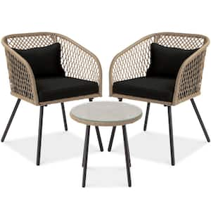 3-Piece Wicker/Metal Patio Conversation Set with Black Cushions