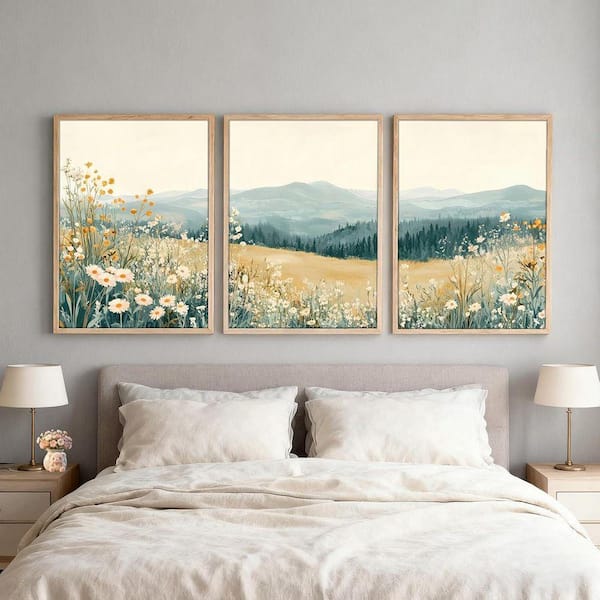 3-Piece Framed Mountain Wildflower Wall Art Triptych Natural