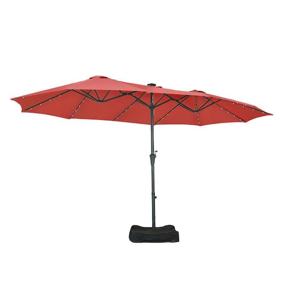ainfox 15ft double-sided patio solar led lighted market umbrella Ainfox 15 ft. Steel Market Solar Patio Umbrella Double-Side with LED Light in Red with Base