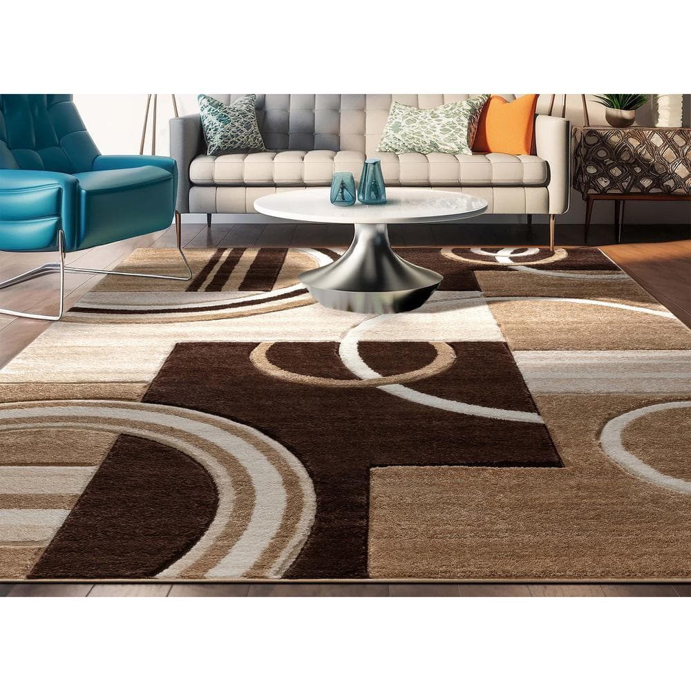 Ivory and Brown Geometric Synthetic Area Rug 3'11" x 5'3"