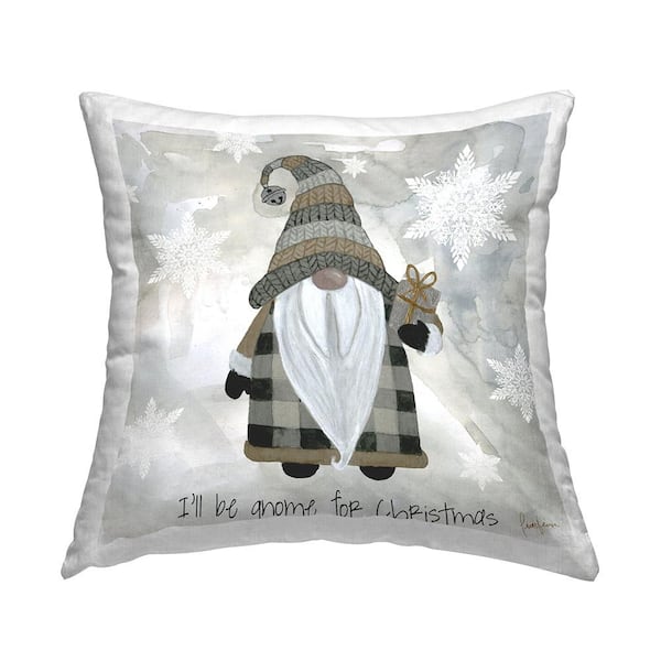 Stupell Industries Cozy Gnome Holding Gift Holiday Snowflakes Grey Print Polyester 18in. X 18in. Throw Pillow