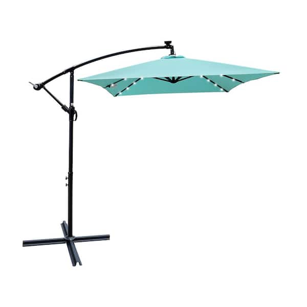 Angel Sar 10 ft. x 6.5 ft. Steel Market Solar Powered LED Lighted 6 Ribs Patio Umbrella with Crank and Cross Base in Turquoise
