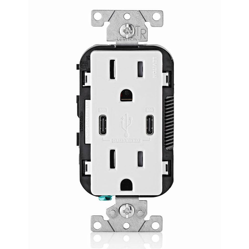White 15A Tamper-Resistant Outlet with Dual USB Type-C Ports