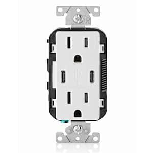 15 Amp 125-Volt Tamper-Resistant Duplex Outlet/30-Watt 6 Amp USB Dual Type-C with Power Delivery In-Wall Charger, White