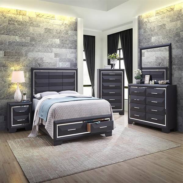 AndMakers Liverpool Black Wood Frame King Panel Bed with 2Drawers PF