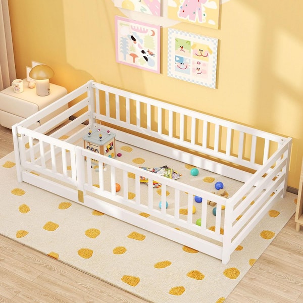 Twin Size Floor Bed w/High Fence & Door Safety Guardrails Wood Floor Bed Frame White