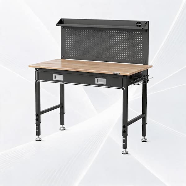 Heavy Duty 48 x 24 Inch 6-Level Height Adjustable LED Mobile Workbench with Rubberwood Top, Pegboard & Hooks