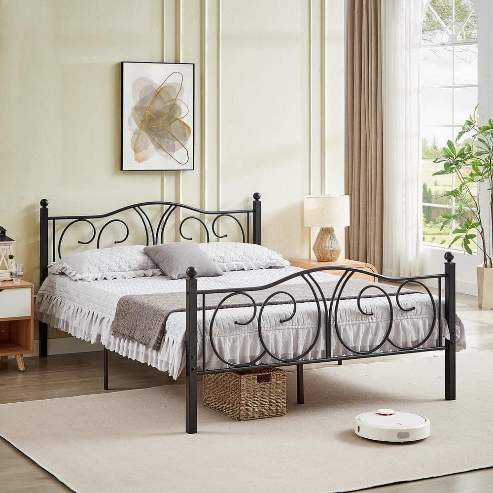 Victorian Black Metal Queen Platform Bed Frame with Headboard and Footboard